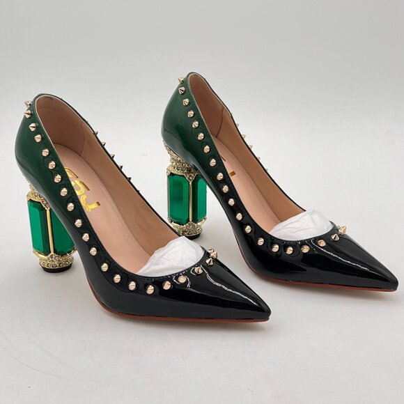 FSJ Green Bridal Pointed Toe Chunky High Heel Crystal Pumps Wedding Dress Shoes - Picture 4 of 8